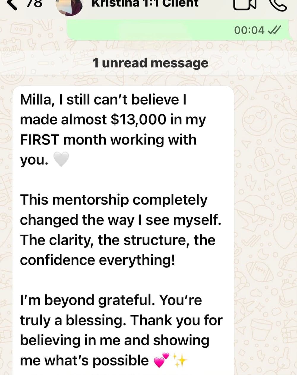 WhatsApp message from Kristina about making almost $13,000 in her first month
