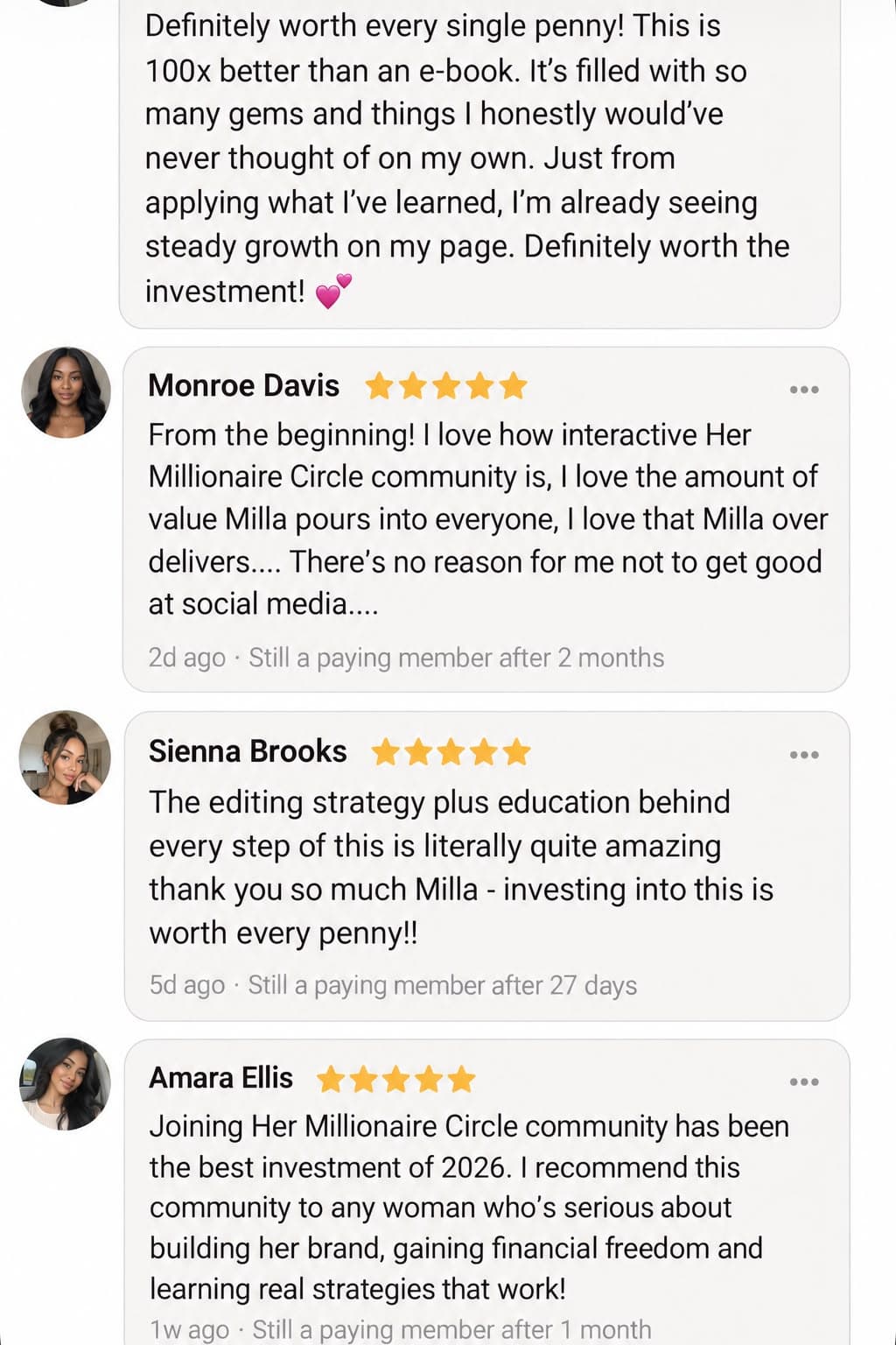 Five-star reviews of Her Millionaire Circle™ from members on Skool